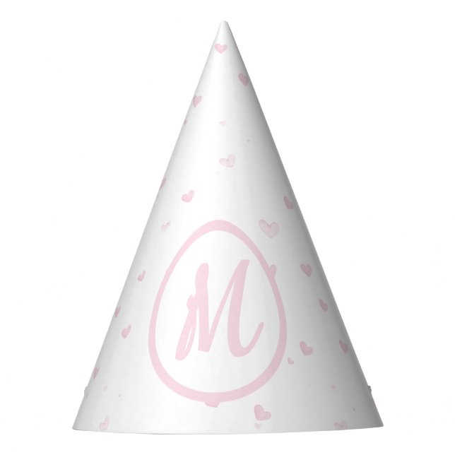 Pink Heart Pattern Girly Romantic Monogrammed Party Hat (Front)