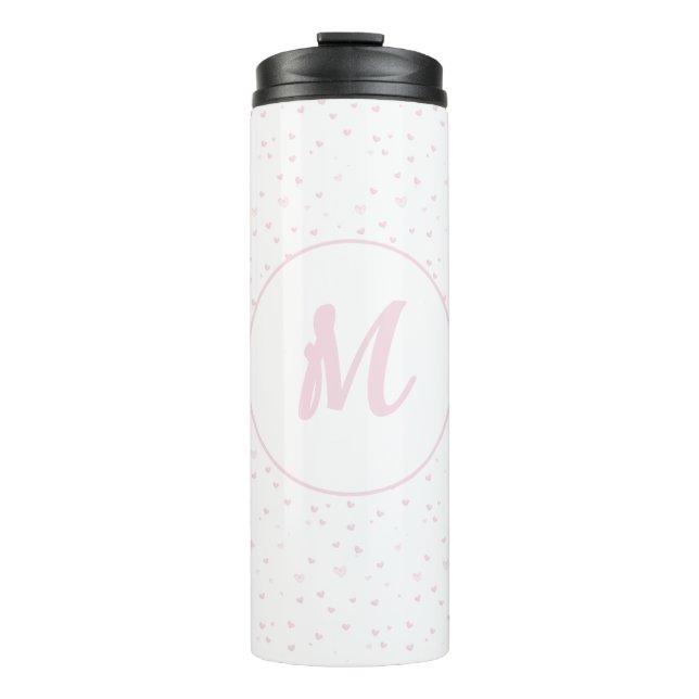Pink Heart Pattern Girly Romantic Monogrammed Thermal Tumbler (Front)