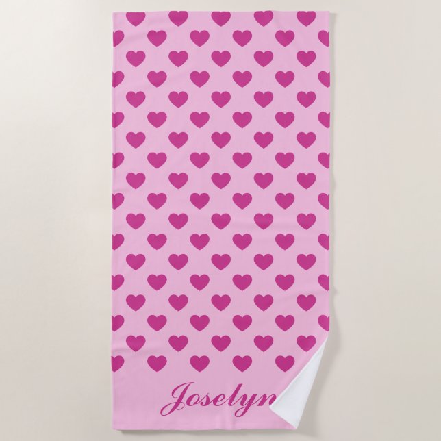 Pink Heart Pattern& Name Preppy y2k Beach Towel (Front)