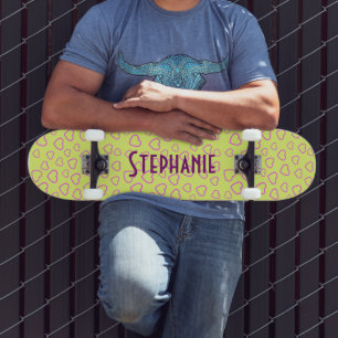 Pink Heart Pattern On Yellow Background with Name Skateboard