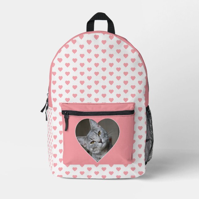 Pink Heart Pattern with Heart-Shaped Pet Photo Printed Backpack (Front)