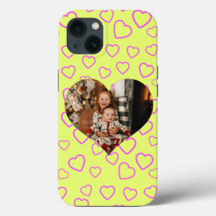 Pink Heart Pattern Yellow Background Custom Photo iPhone 13 Case