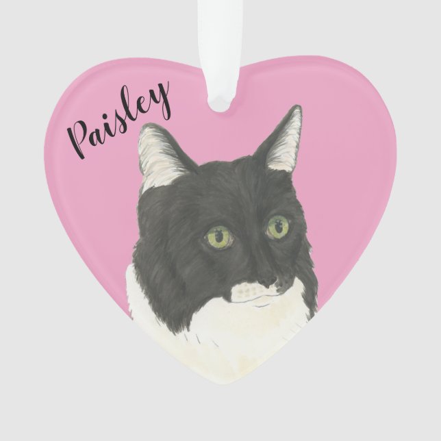 Pink Heart Personalised Black and White Cat Ornament (Front)