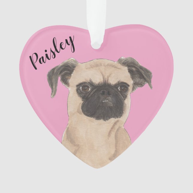 Pink Heart Personalised Brussels Griffon Dog Ornament (Front)