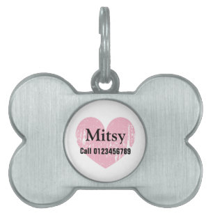Pink heart pet tag in bone shape for dog