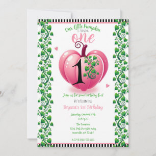 Pink Heart Pumpkin & Vines Fall 1 1st Birthday Invitation