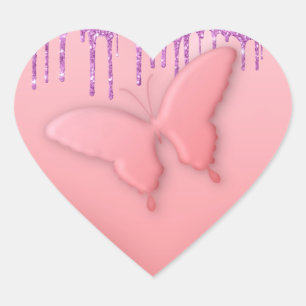 Pink Heart Purple Drip Glitter Butterfly Sticker