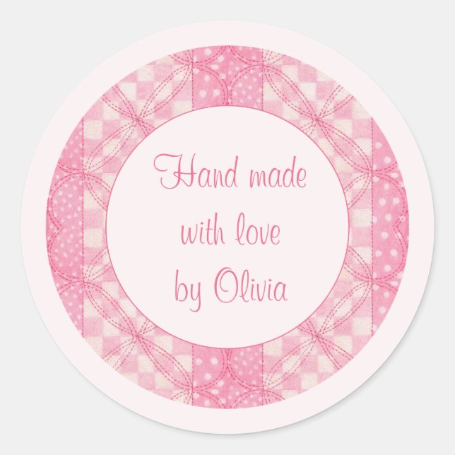 PINK HEART QUILT 1.5" Round Hand Made Stickers II (Front)