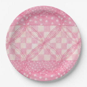PINK HEART QUILT 9" Round Paper Plates