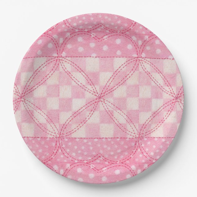 PINK HEART QUILT 9" Round Paper Plates (Front)