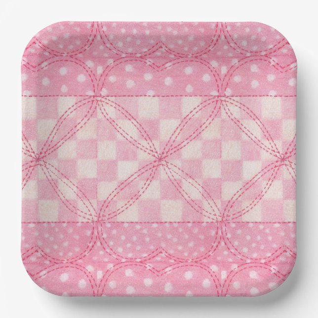 PINK HEART QUILT 9" Square Paper Plates (Front)