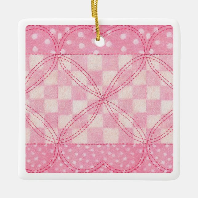 PINK HEART QUILT Ceramic Square Ornament  (Front)