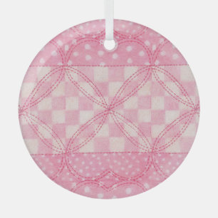 PINK HEART QUILT Glass Circle Ornament