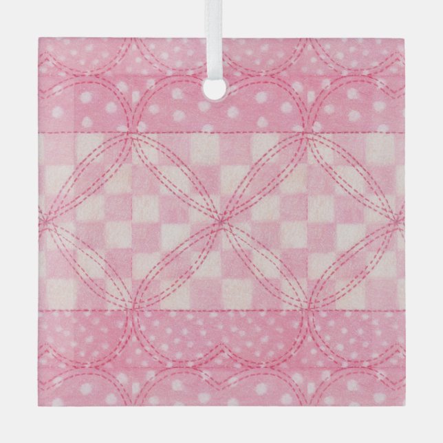 PINK HEART QUILT Glass Square Ornament (Front)