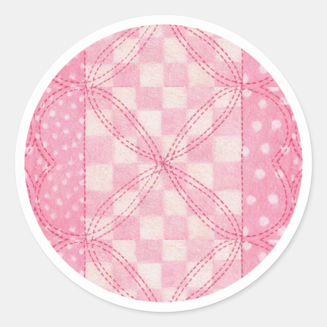 PINK HEART QUILT Large Round Stickers (Front)