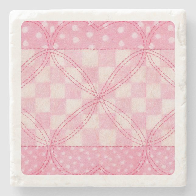 PINK HEART QUILT Marble Stone Coaster (Front)