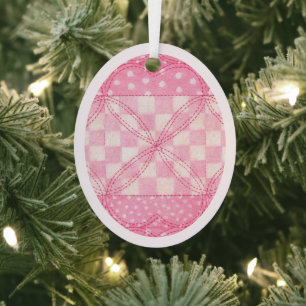PINK HEART QUILT Metal Oval Ornament / Pink
