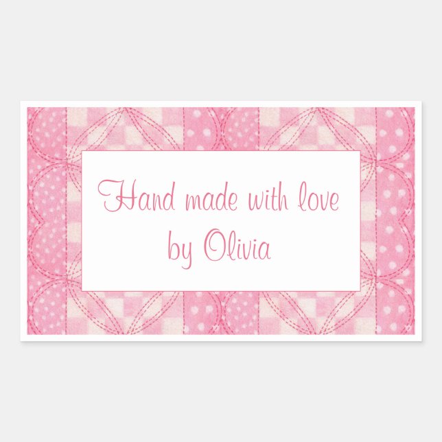 PINK HEART QUILT Rectangle "Hand Made" Stickers  (Front)