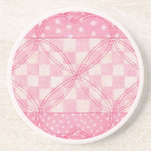 PINK HEART QUILT Round Sandstone Coaster / Pink