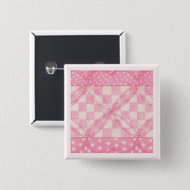 PINK HEART QUILT Square Pin Button / Pink (Front & Back)
