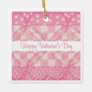 PINK HEART QUILT Valentine Ceramic Sq. Ornament