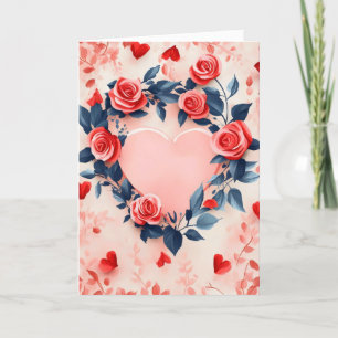 Pink Heart Red Roses Holiday Card
