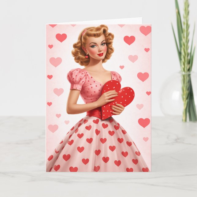 Pink Heart Retro Love Design Greeting Card (Front)