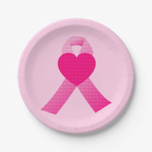 Pink Heart Ribbon Breast Cancer Awareness Custom Paper Plate
