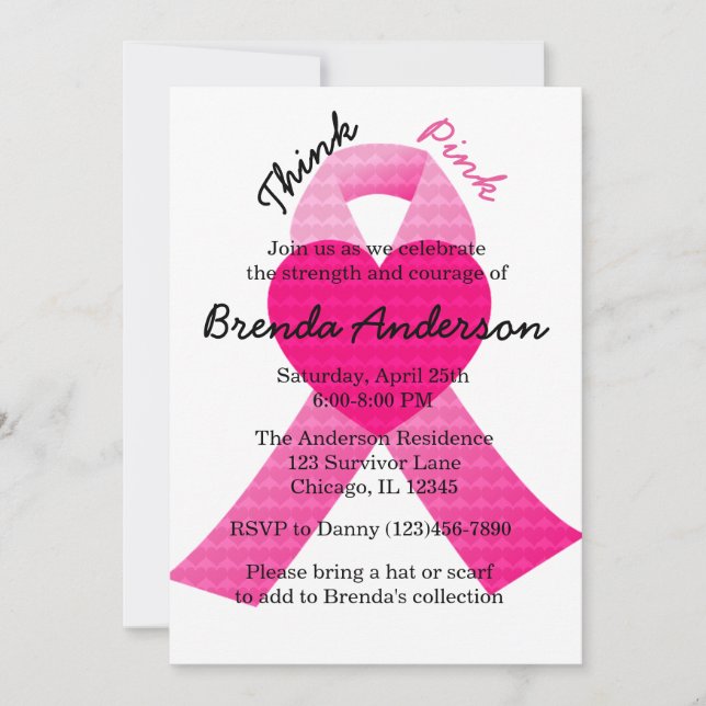 Pink Heart Ribbon Breast Cancer Awareness Party Invitation (Front)