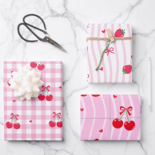 Pink Heart Ribbon Cherries Wrapping Paper Sheet