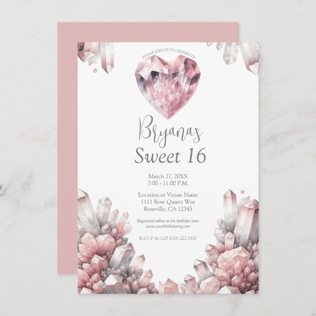 Pink Heart Rose Quartz Love Crystal Sweet 16 Invitation (Front/Back)