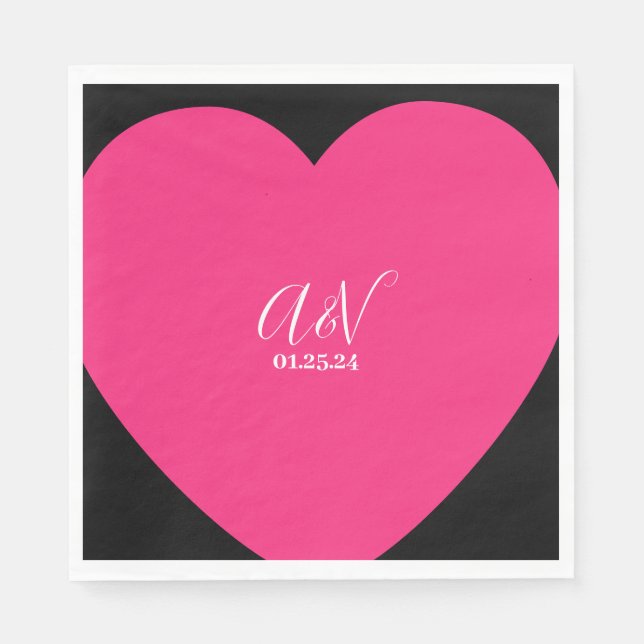 Pink Heart Script Couples Date Wedding Napkin (Front)