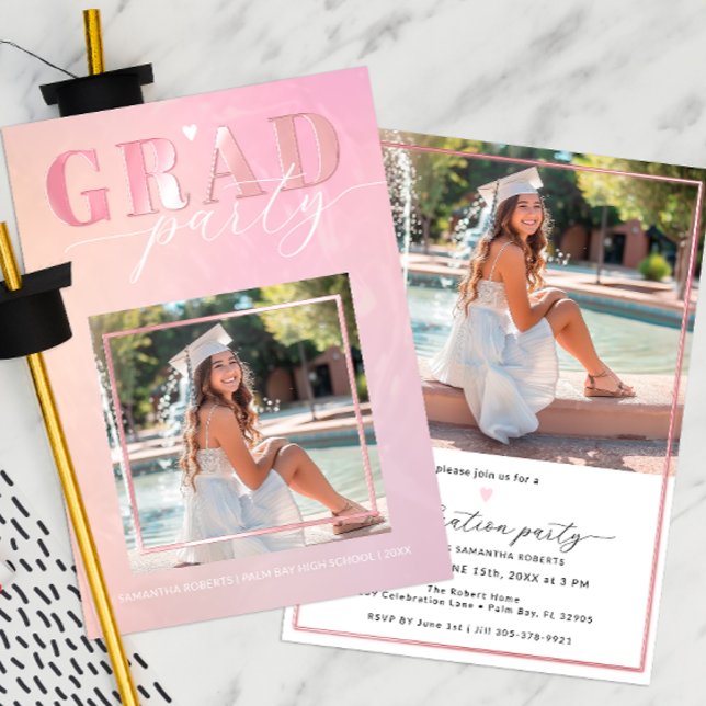 Pink Heart Script Graduation Party Invitation (Graduation Party Invitation For Her)