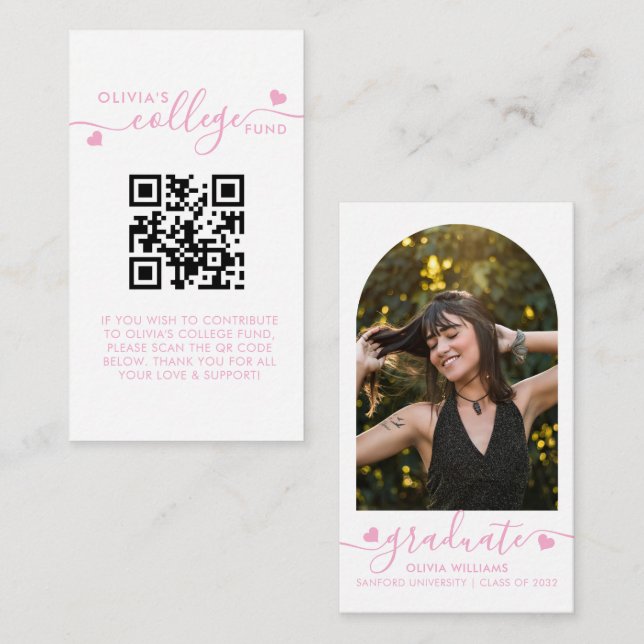 Pink Heart Script QR Code College Fund Arch Photo Enclosure Card (Front/Back)