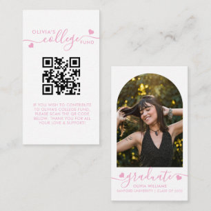 Pink Heart Script QR Code College Fund Arch Photo Enclosure Card