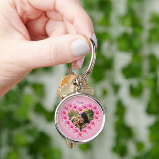 Pink heart-shaped dahlia blossoms, custom photo key ring