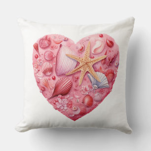 PINK HEART SHAPED SUMMER SEASHELL STILL LIFE CUSHION