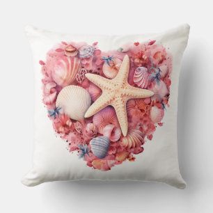 PINK HEART SHAPED SUMMER SEASHELL STILL LIFE CUSHION