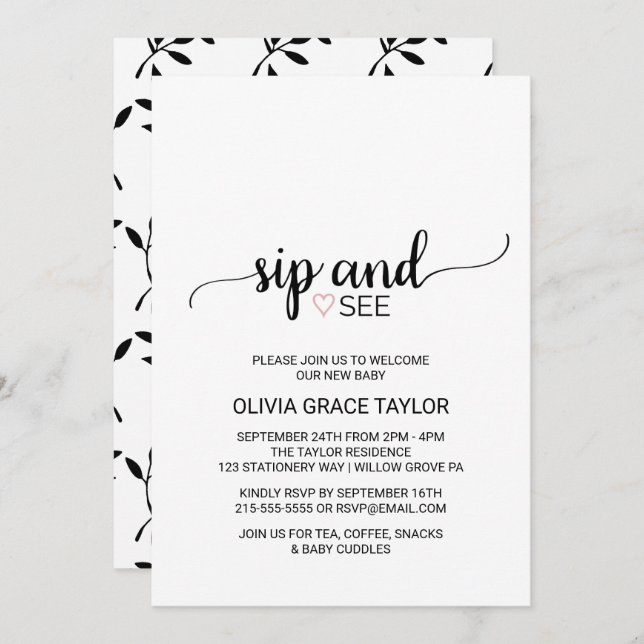 Pink Heart | Simple Black Calligraphy Sip and See Invitation (Front/Back)