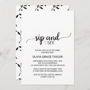 Pink Heart   Simple Black Calligraphy Sip and See Invitation