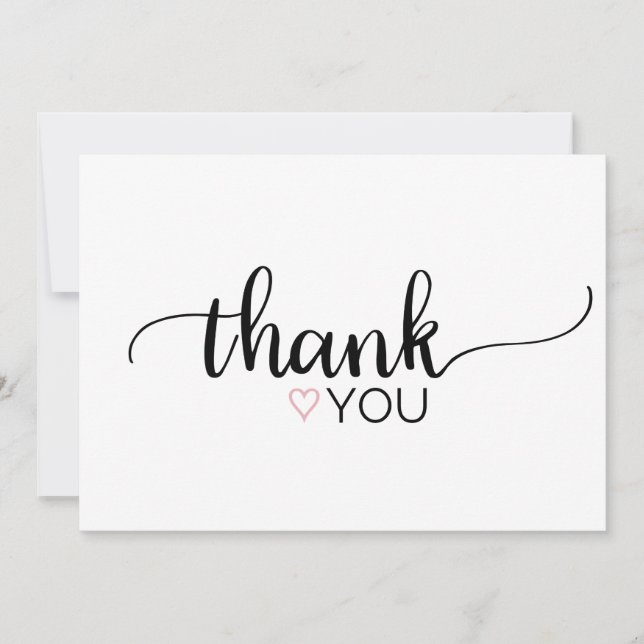 Pink Heart Simple Calligraphy Blank Thank You Card (Front)