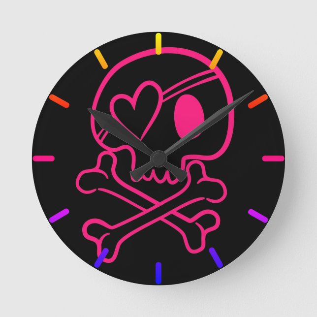 Pink Heart Skull and Crossbones Round Clock (Front)