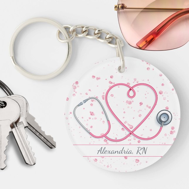 Pink Heart Stethoscope on Pink Glitter Monogram  Key Ring (Creator Uploaded)