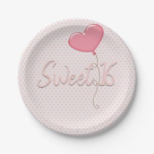 Pink Heart Sweet 16 Balloon Paper Plate
