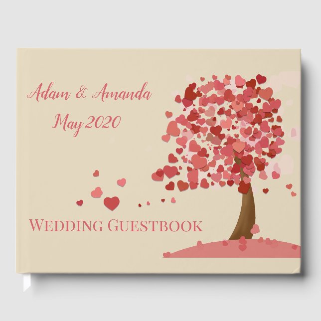 Pink heart tree art wedding guest book (Front)