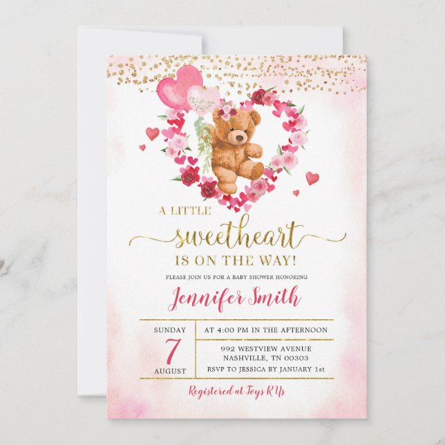 Pink Heart Valentine Bear Baby Shower Invitation (Front)