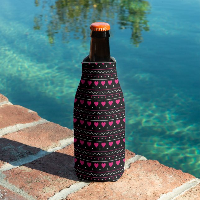 Pink heart valentine love pattern black background bottle cooler (In Situ Pool)