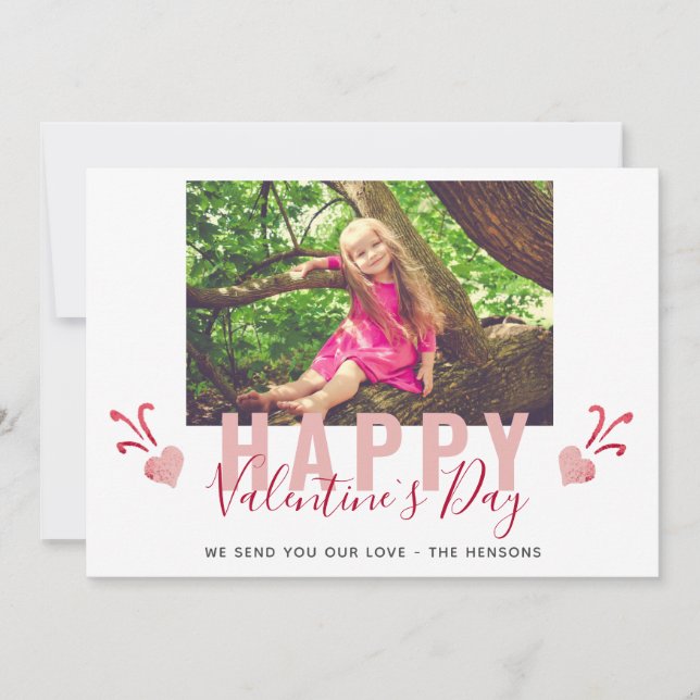 Pink Heart Valentine`s Day Script Family Photo Holiday Card (Front)