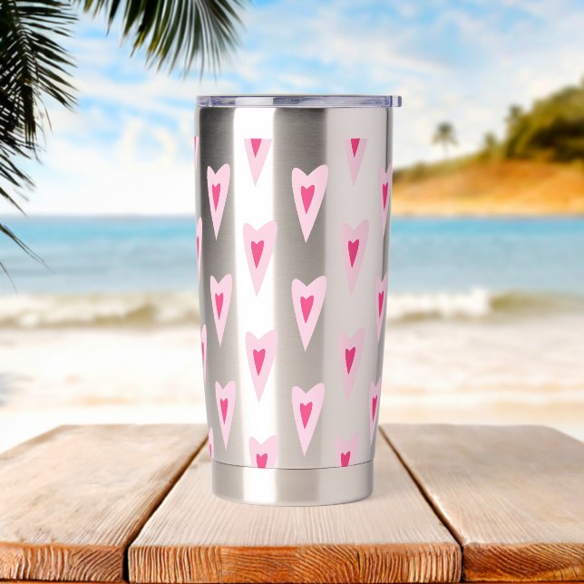 Pink Heart Valentines Water Bottle Insulated Tumbler (Beach)