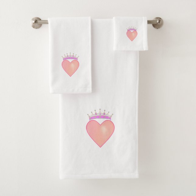Pink Heart with Crown on White Bath Bath Towel Set (Insitu)